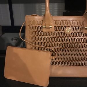 Authentic Tory Burch tan bag with small pouch